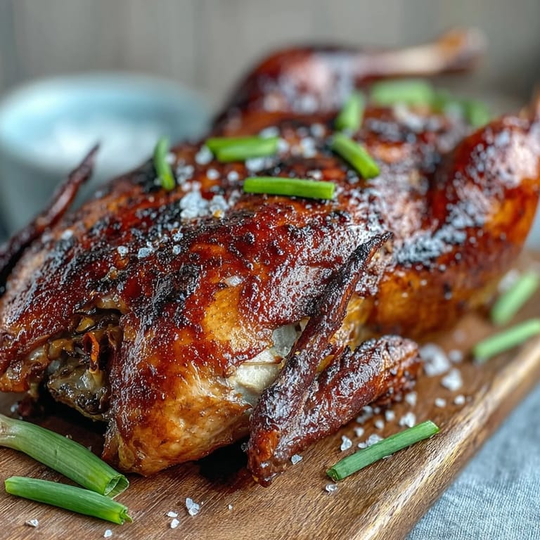 Freshly roasted Five-Spice Roast Ducks plated for two, garnished with orange slices and spring onions for a festive Valentine’s meal.