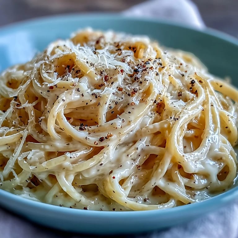 Delicious Cacio e Pepe pasta served hot, garnished with grated cheese and pepper.