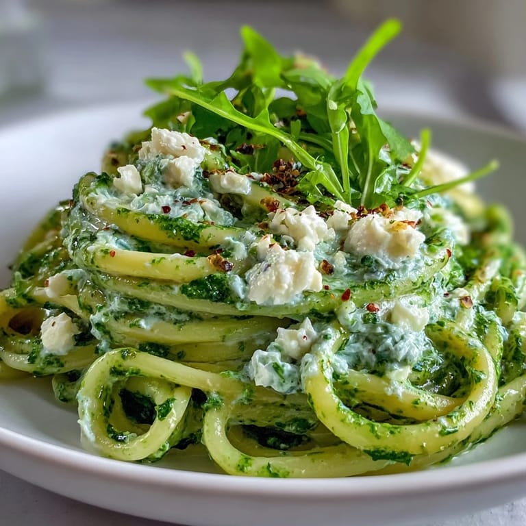 A bright plate of linguine with arugula pesto, served alongside lemon wedges and fresh herbs for a zesty touch.