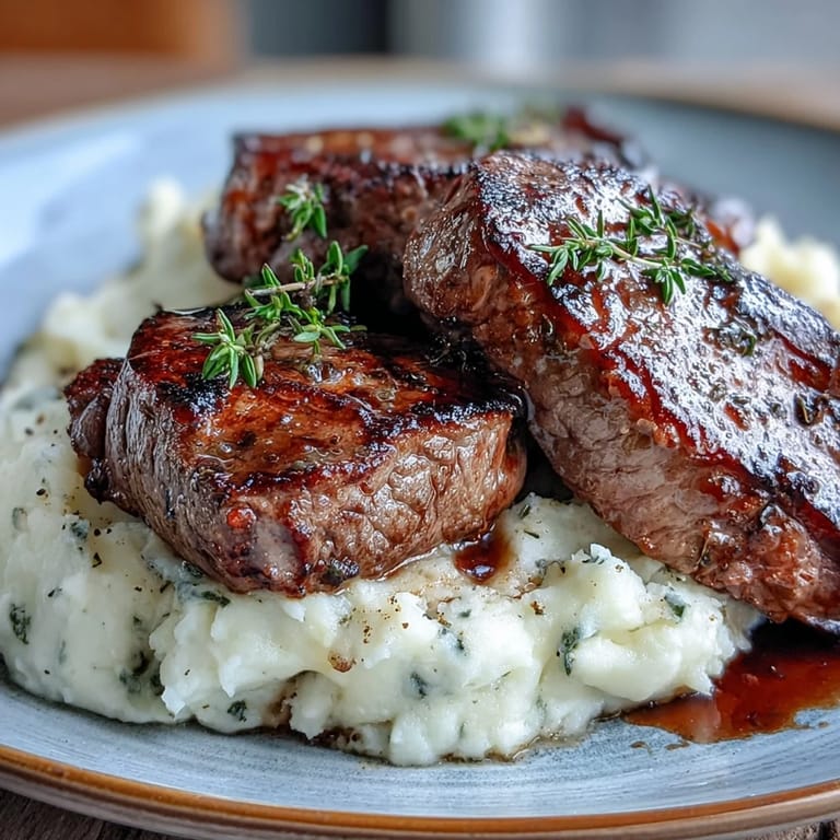 Rich venison steaks, nestled in buttery caraway crushed swede, perfect for dinner.