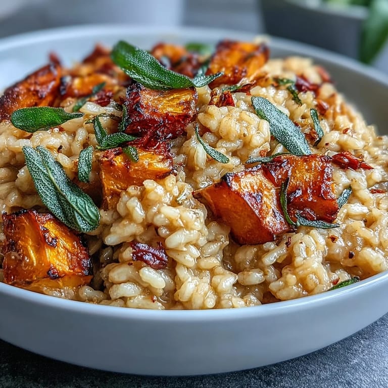 Golden roasted pumpkin and nutmeg-infused Vegan Pumpkin Risotto served in a rustic bowl, topped with fresh crispy sage for a savory autumnal finish.