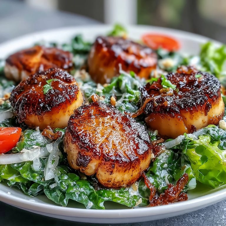 Golden-brown seared scallops served warm over a fresh escarole salad with tomatoes, Parmesan, and a bright pesto vinaigrette.