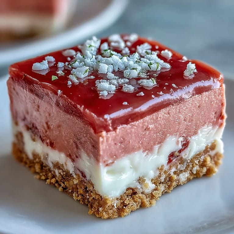 Chilled No-Bake Strawberry Fudge Squares served on a rustic plate with scattered freeze-dried strawberry pieces and a glass of milk.
