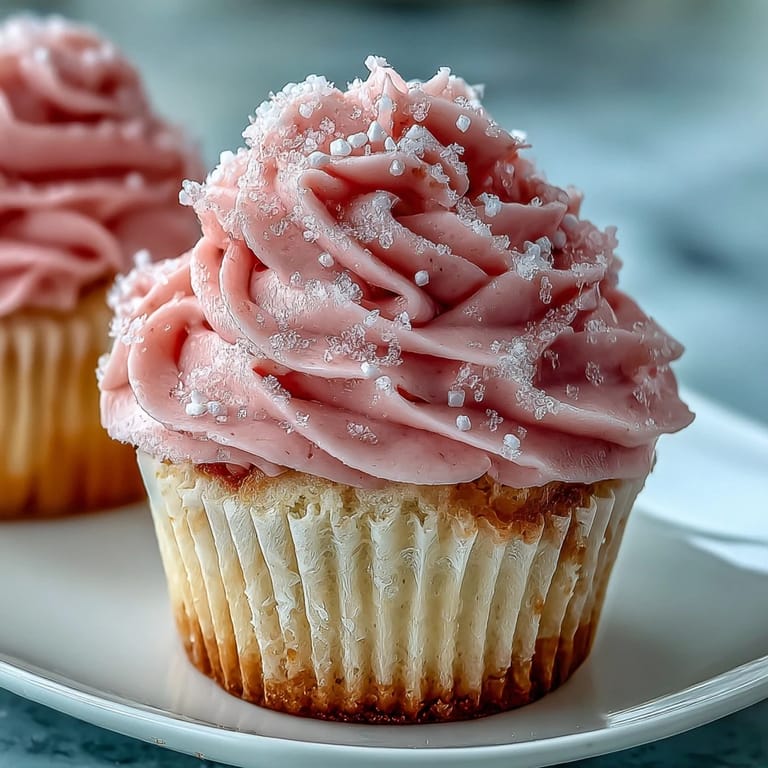 Close-up of Pink Velvet Cupcakes with smooth vanilla buttercream frosting and edible pearl decorations on a pastel plate.