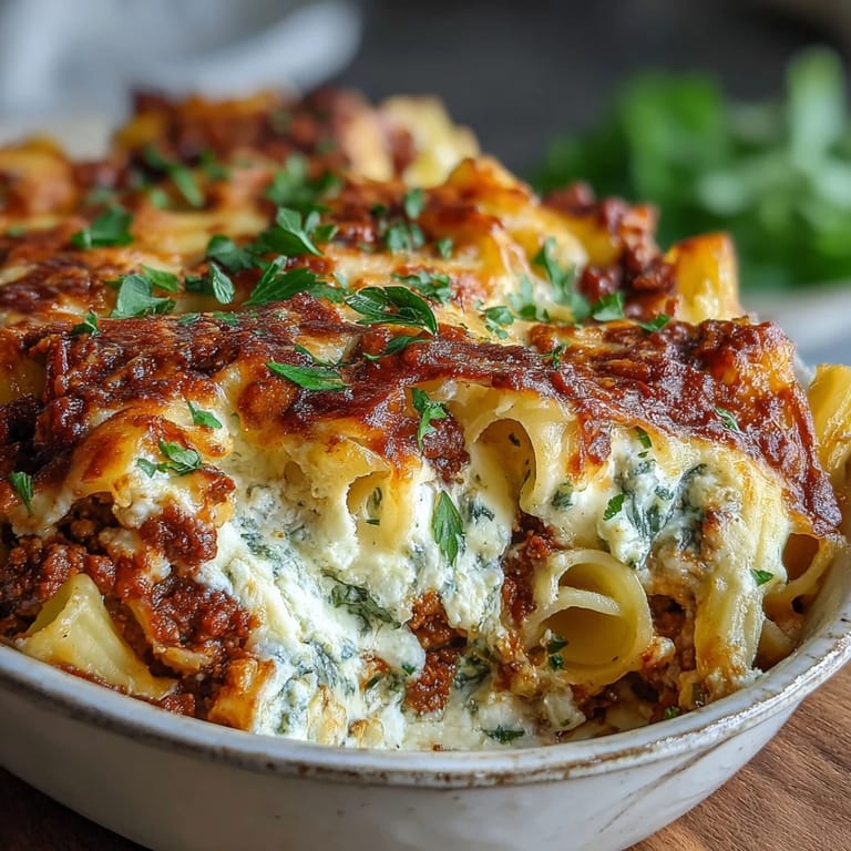 Hearty Cottage Cheese Protein Pasta Bake with ground beef and creamy cheese filling a 9x13 baking dish.