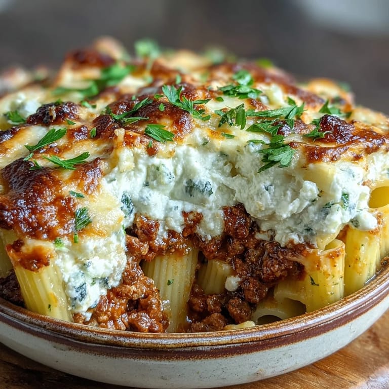 Fresh parsley garnishes the Cottage Cheese Protein Pasta Bake, featuring al dente pasta and rich tomato beef sauce.