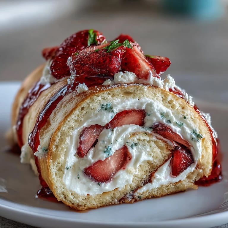 A close-up shows glossy drizzle over a plated Strawberry Shortcake Sushi Roll with mint garnish.
