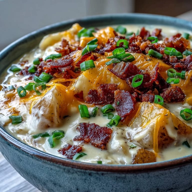 Hearty Loaded Potato Soup ladled into a rustic bowl, topped with sour cream swirls, extra cheese, and paprika dusting.