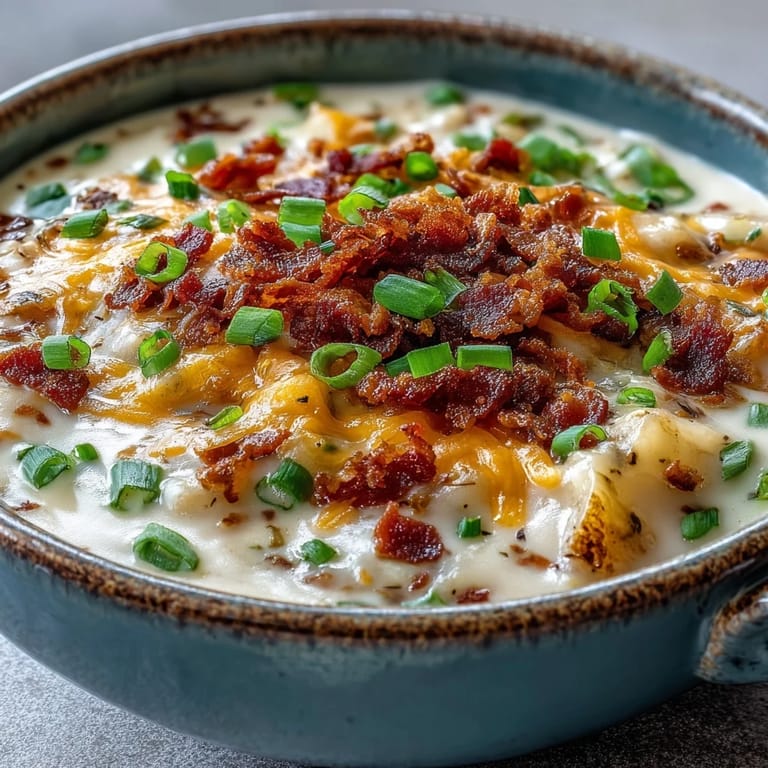 Homemade Loaded Potato Soup in a white bowl, steaming hot with chunks of potato, bacon bits, and melted cheddar.