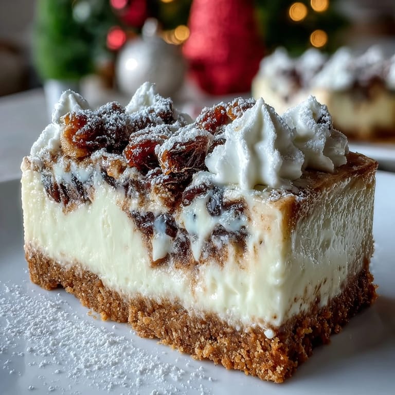 Freshly baked Christmas Cheesecake Slab topped with soft whipped cream, ready for a festive holiday dessert plate.
