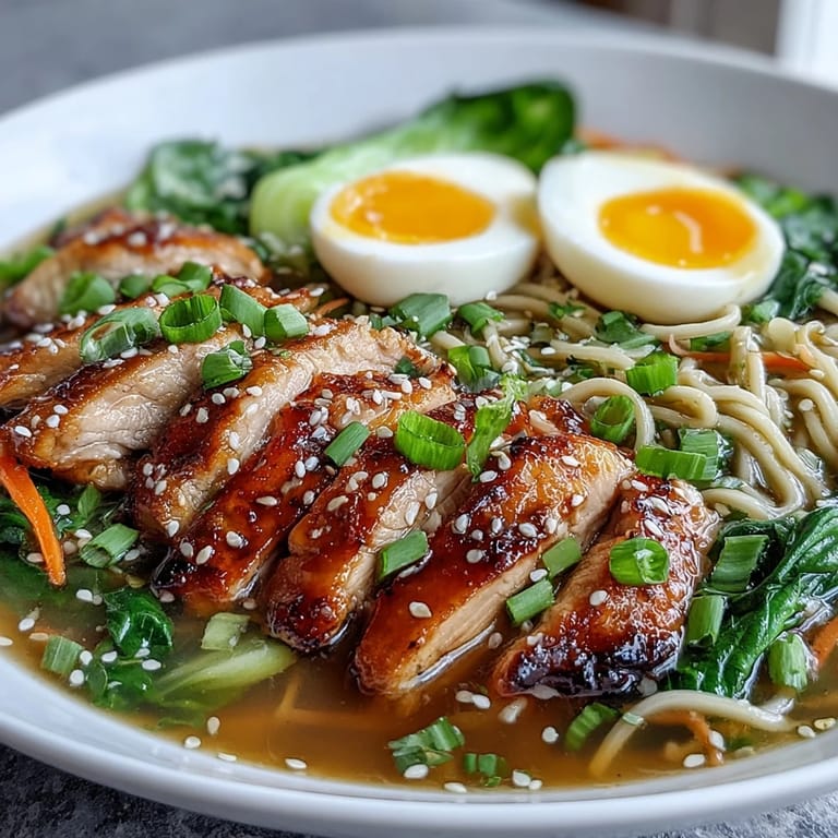 Steaming bowl of Healthy Miso Chicken Noodle Bowls features julienned carrots and snow peas. Toasted sesame seeds and sliced scallions add texture to this Asian fusion dinner.