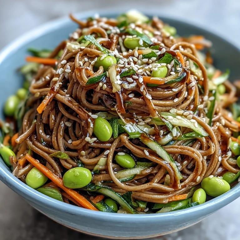 Soba Noodle Bowl served in a rustic ceramic bowl, featuring fresh vegetables and herbs for a light vegetarian meal.