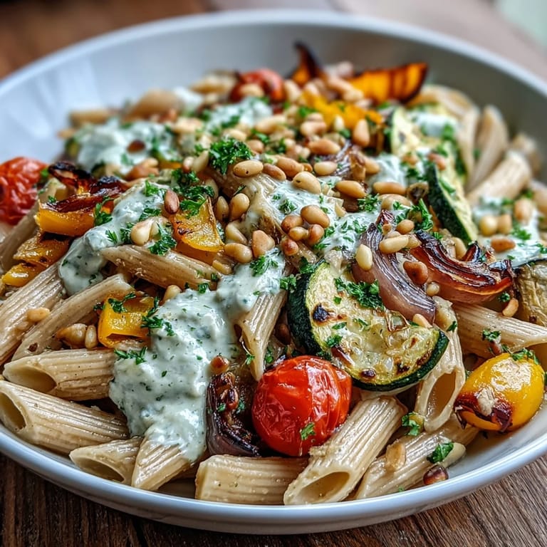 Hearty vegetarian Whole Wheat Pasta Bowl garnished with toasted pine nuts, fresh parsley, and a sprinkle of Parmesan cheese.