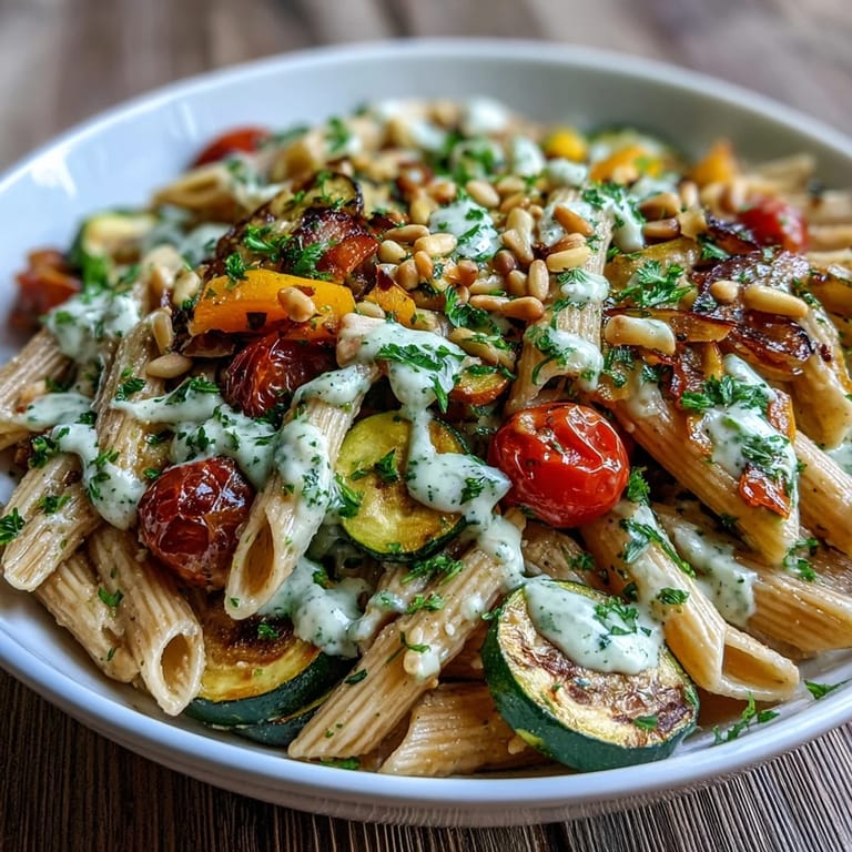 Steaming bowl of nutty whole wheat pasta with roasted vegetables and a lemony protein sauce, ready for a satisfying dinner.