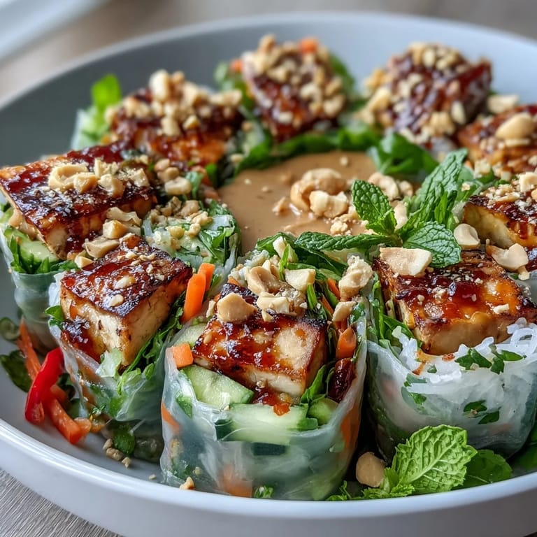 Colorful Rice Paper Roll Bowl featuring grilled tofu, shredded cabbage, carrots, mint, and chopped peanuts, served with lime wedges for squeezing.