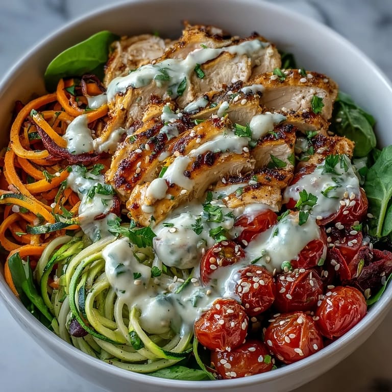 Healthy Spiralized Vegetable Bowl featuring colorful spiralized veggies, spinach, and cherry tomatoes, finished with toasted sesame seeds and fresh herbs.  