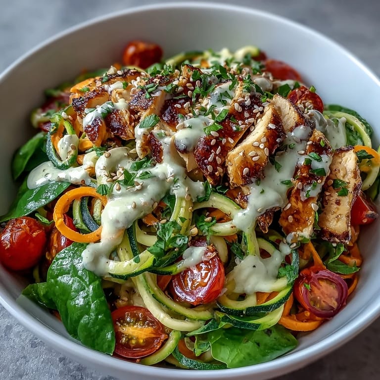 Homemade Spiralized Vegetable Bowl served in a white bowl with savory tahini dressing, protein of choice, and vibrant fresh garnishes.