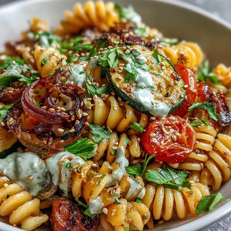 Wholesome Mediterranean-inspired chickpea pasta bowl with a smooth, garlicky tahini sauce and toasted sesame seeds.