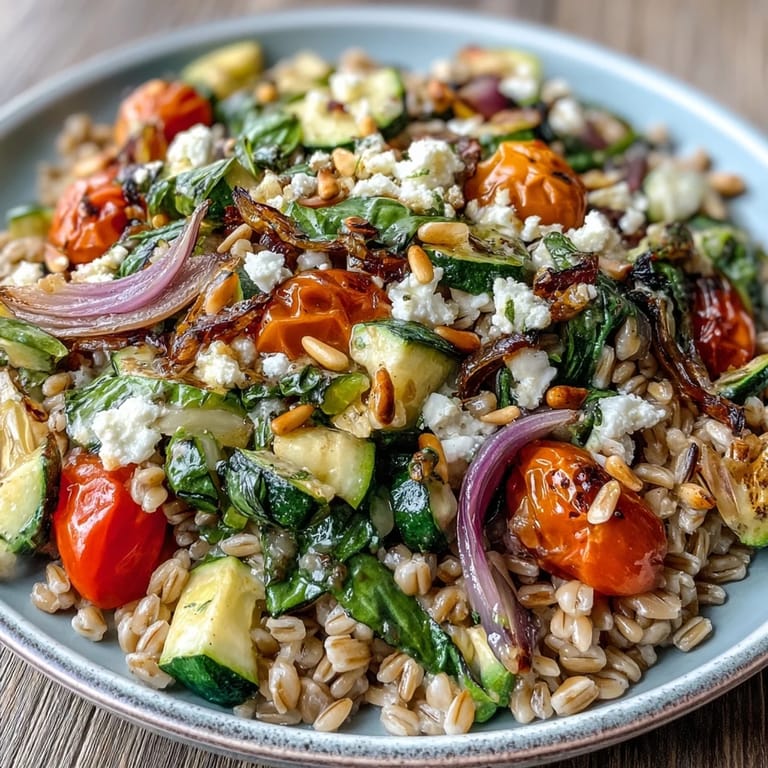 A vibrant farro pasta bowl garnished with fresh parsley and toasted pine nuts for crunch.