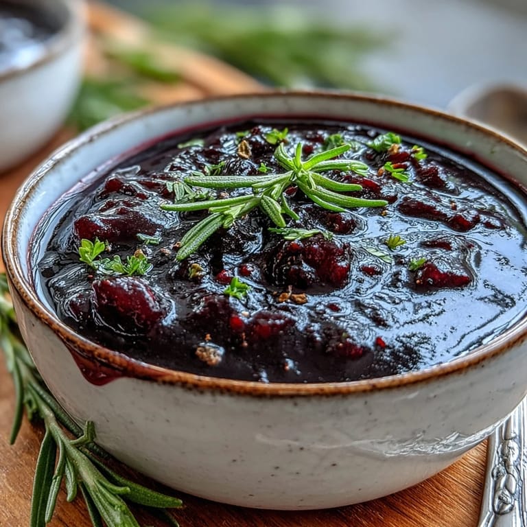 A small glass bowl of glistening Black Currant and Rosemary Reduction sits beside a slice of venison, ready for serving.