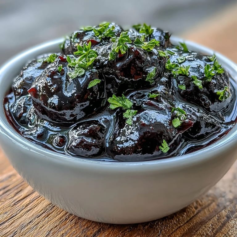 A spoon lifts the deep purple Black Currant Reduction from a small copper saucepan, steam rising gently.