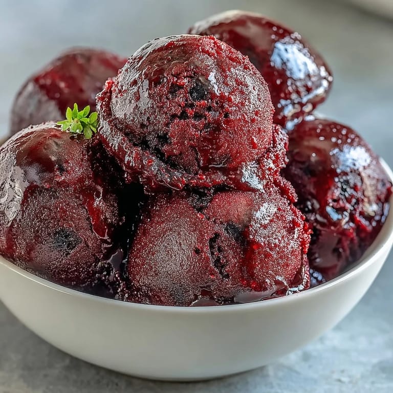 A close-up of Black Currant Sorbet being scooped, revealing a dense, slushy consistency in a stainless steel container.