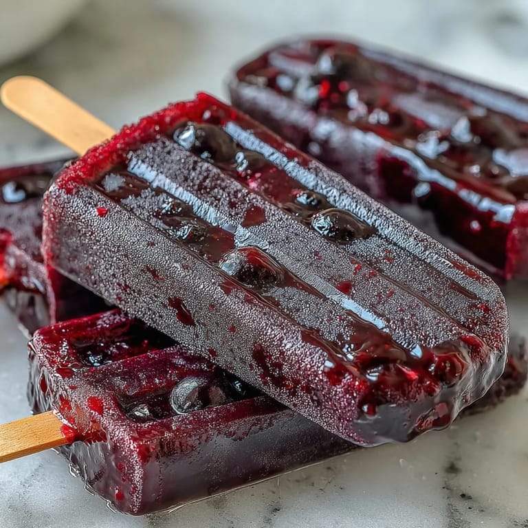 Hand holding a frosty Black Currant Popsicle with visible blackcurrant chunks, ideal for a refreshing vegan summer dessert.