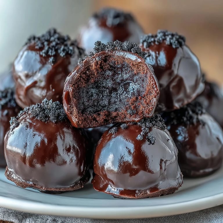 Dipped Black Currant Chocolate Truffles on a baking tray, garnished with crushed freeze-dried fruit for a tart, sweet finish.