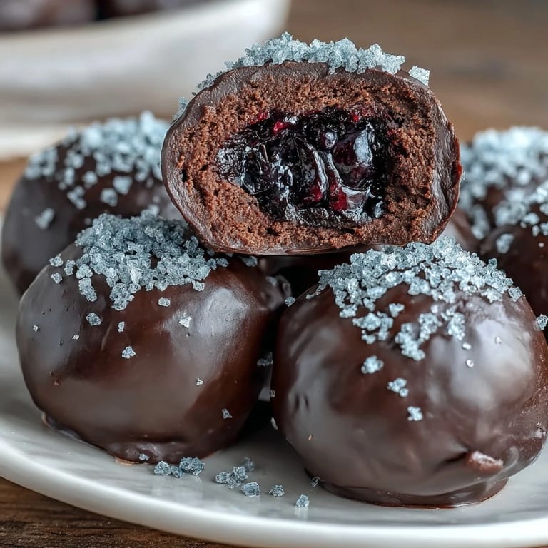 Freshly made Black Currant Chocolate Truffles dusted with cocoa, showcasing a glossy dark chocolate shell and luscious fruity filling.
