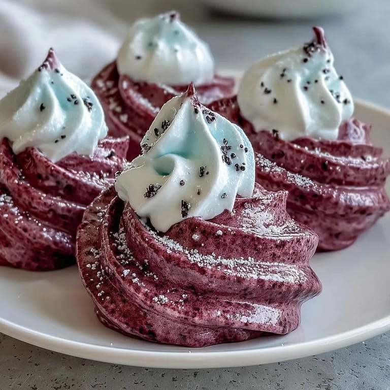 Freshly baked Black Currant Meringues are arranged on a rustic wooden table, accompanied by a bowl of berries for an elegant dessert presentation.