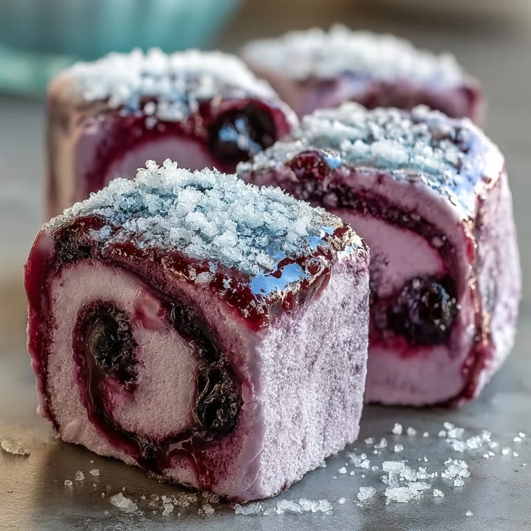 Freshly cut cubes of Black Currant Marshmallows paired with a steaming mug of hot cocoa.