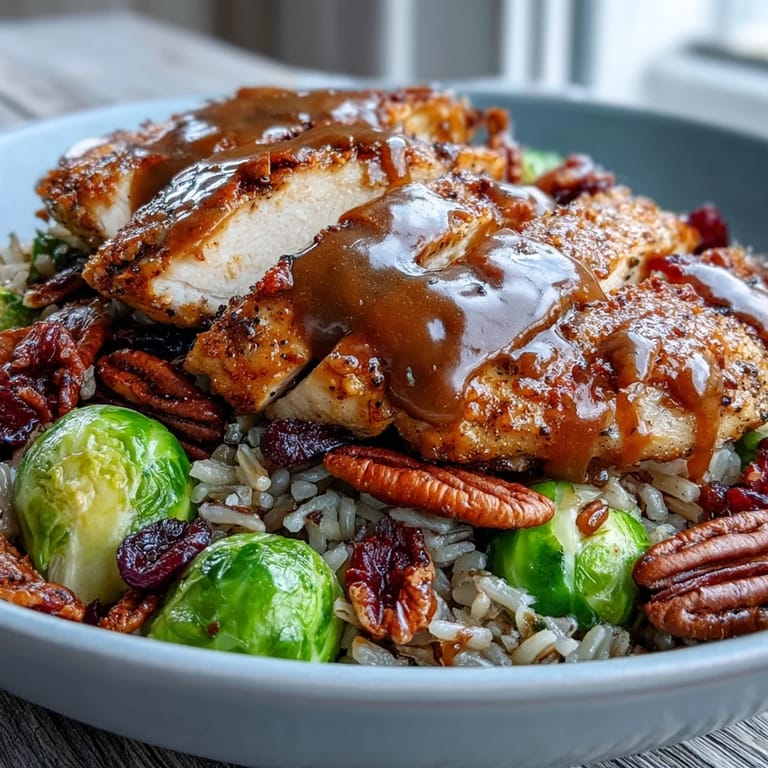 Plated Maple Dijon Chicken Sweet Potato Bowls with juicy sliced chicken, caramelized sweet potatoes, and Brussels sprouts.