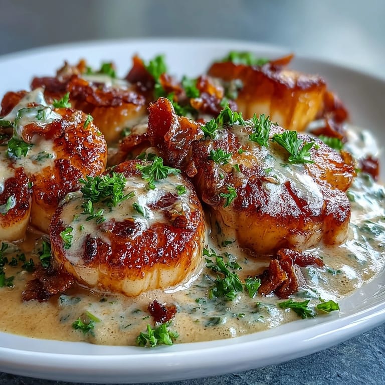 Seared Scallops with Spicy Cajun Cream Sauce served over pasta, with a spoon drizzling more sauce.