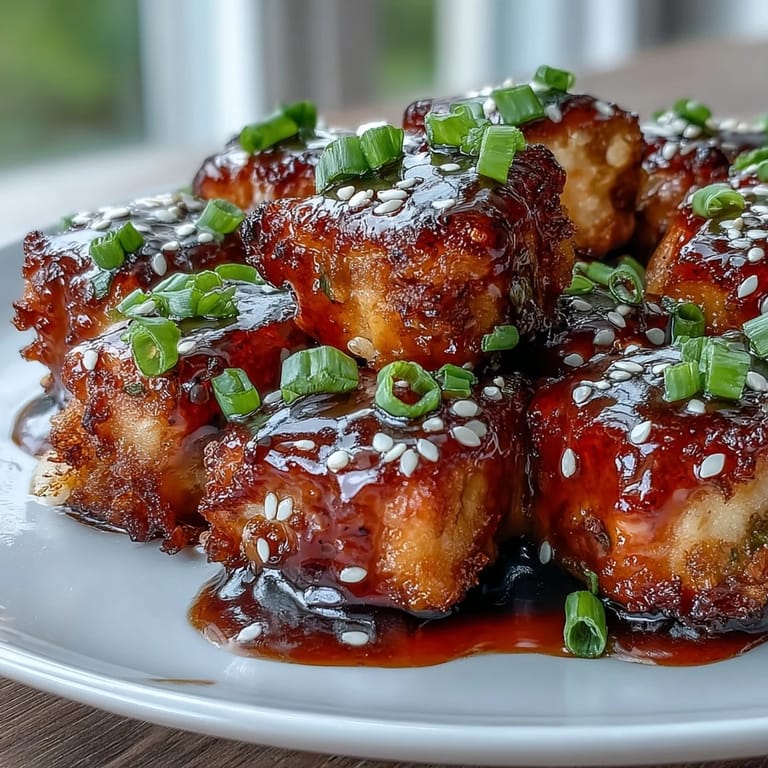 Savory Bang Bang Salmon Bites tossed in sweet-spicy sauce, topped with sesame seeds and fresh cilantro sprigs.