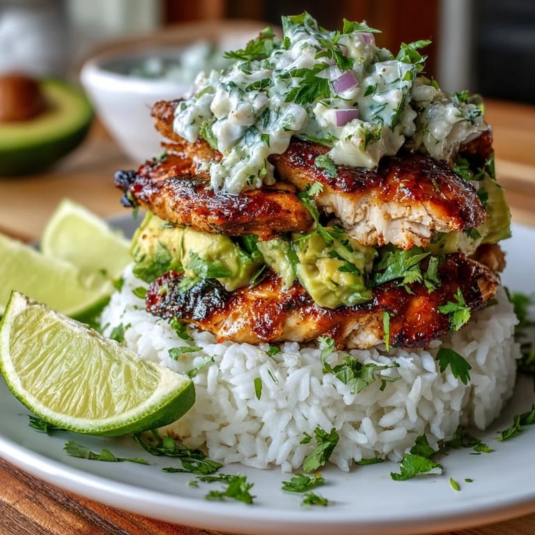 A plated tangy honey lime chicken stack with jasmine rice, avocado mix, and lime wedge garnish.