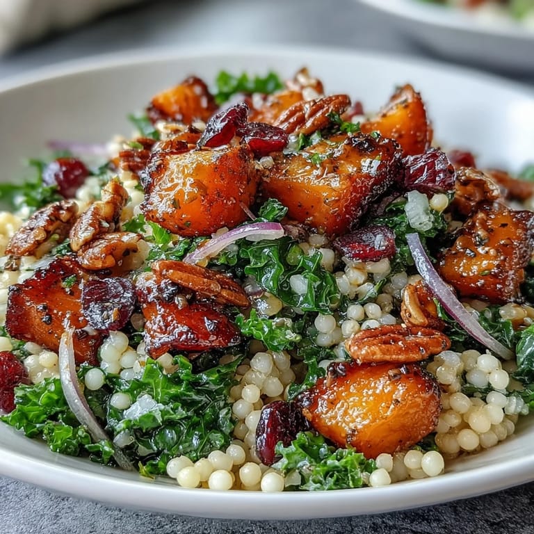 A close-up of vibrant Honey Autumn Pearl Couscous Salad, highlighting chewy couscous, crimson cranberries, and crunchy pecans on a bed of dark kale.