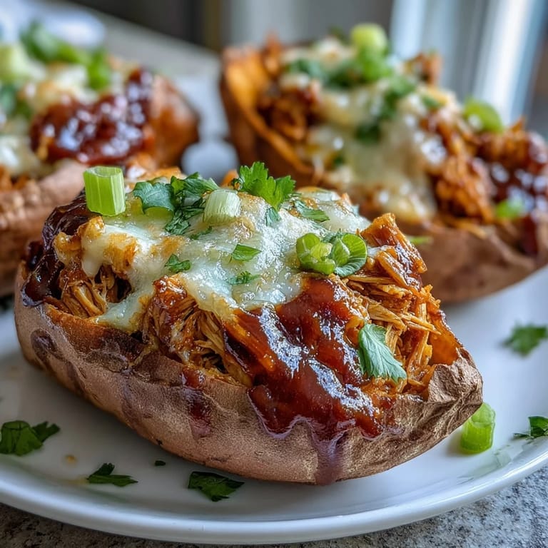 Rustic honey BBQ chicken stuffed sweet potatoes garnished with fresh green onions and cilantro on a wooden board.