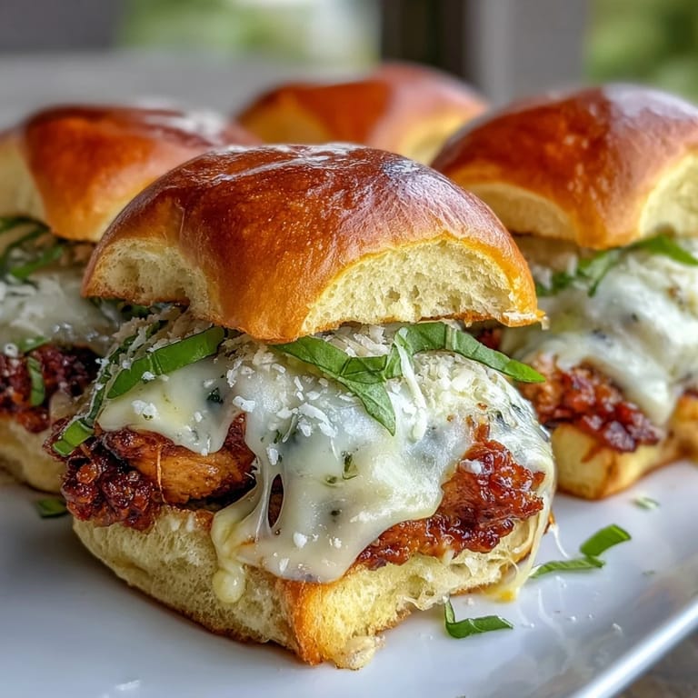 A close-up of Pesto Chicken Parmesan Sliders, featuring toasted brioche buns, vibrant green pesto chicken, and rich marinara dipping sauce.