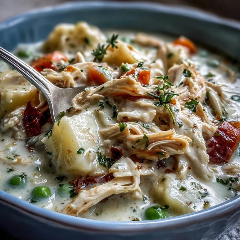 Homemade Creamy Chicken Pot Pie Soup in a rustic Dutch oven with a ladle, ready to serve for dinner.