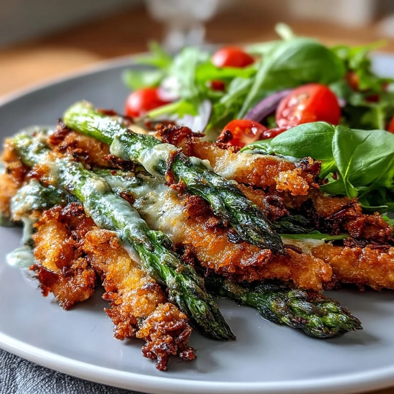 A vibrant Crispy Parmesan Asparagus Chicken Salad drizzled with zesty lemon dressing, perfect for a healthy lunch.