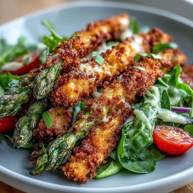 Close-up of a main dish salad featuring crunchy asparagus, fresh basil, and red onion slices ready to serve.
