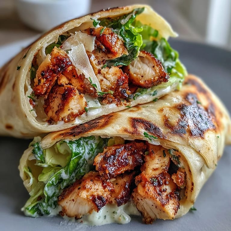 Grilled chicken, Caesar salad, and warm naan rolled into a handheld wrap, ready to be enjoyed for an easy weeknight dinner. Garlic Naan Grilled Chicken Caesar Wraps.