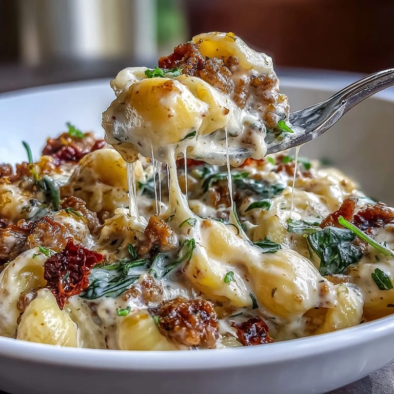 Hearty Creamy Tuscan Chili Mac with Italian sausage, wilted spinach, and sun-dried tomatoes, topped with extra Parmesan and ready to enjoy.