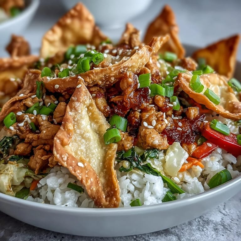 Close-up of a fork lifting savory ground chicken, crunchy cabbage, and crispy wonton strips from a delicious Crispy Baked Egg Roll Chicken Bowl.