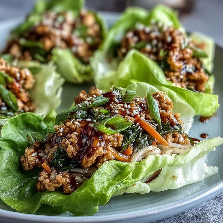 Served Potsticker Noodle Lettuce Cups garnished with scallions and sesame seeds on a platter, perfect for a low-carb, handheld meal.