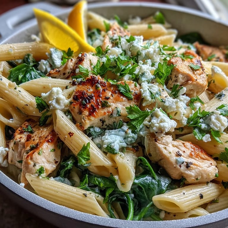 Tender lemon-oregano chicken and crumbled feta tossed with penne pasta for a Mediterranean-inspired dinner.
