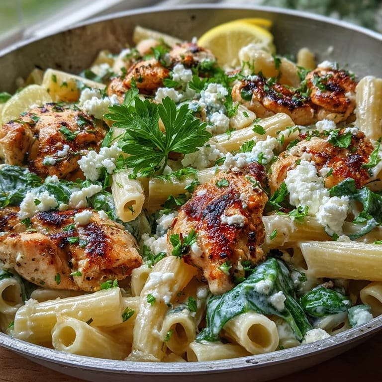 A vibrant one-skillet Greek Chicken Feta Pasta Skillet served with lemon wedges and fresh parsley.
