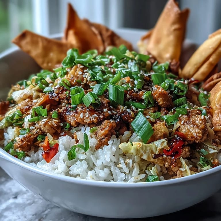 Savory ground chicken and crisp veggies create a deconstructed egg roll bowl, topped with crunchy baked wonton strips and fresh green onions.