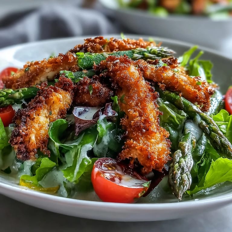 Crispy Parmesan asparagus spears are layered over tender shredded chicken and fresh salad greens in a white serving bowl, ready to be enjoyed as a light and satisfying main course.