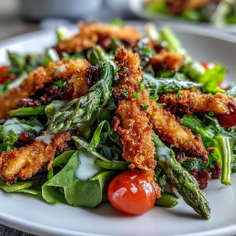 Serving platter displaying warm crispy Parmesan asparagus, shredded chicken, cherry tomatoes, and mixed greens tossed in a bright lemon vinaigrette for a perfect gluten-free weeknight dinner.